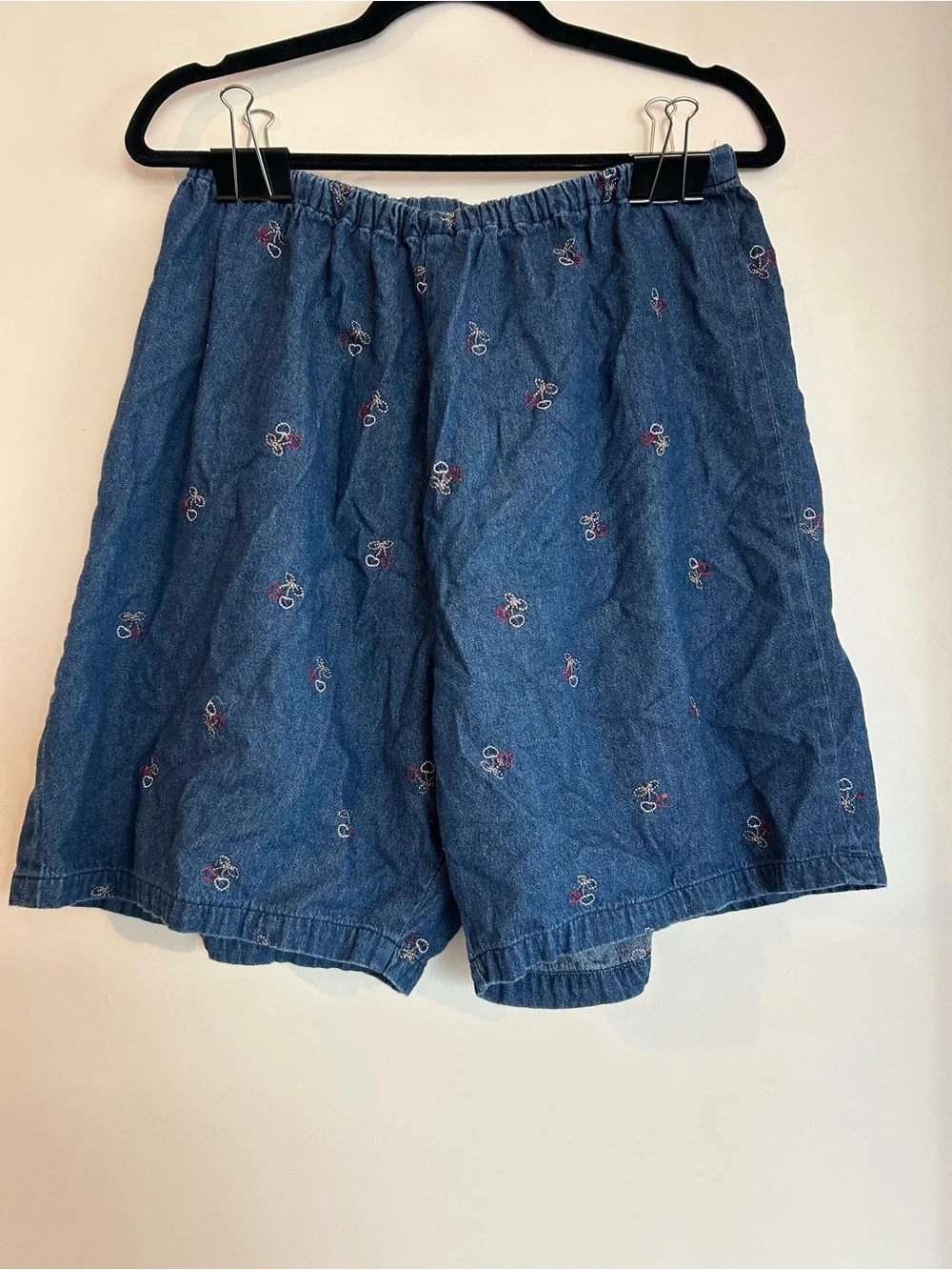Y2K Embroidered Cherry Denim Shorts 🍒 Baggy Elastic Waist Cottagecore Coquette
